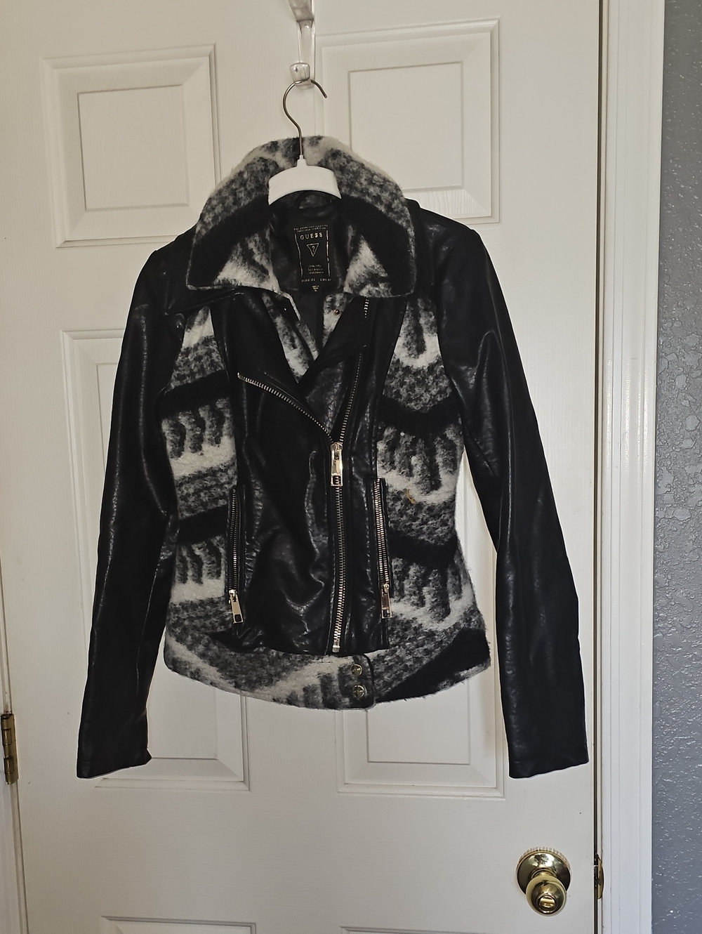 Guess Black and Gray Faux Leather Biker Jacket with Knit Panels